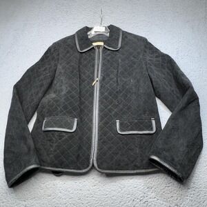 Kate Hill Suede Jacket Womens 8 Black Quilted Zip Pockets Short Coat Fall Winter